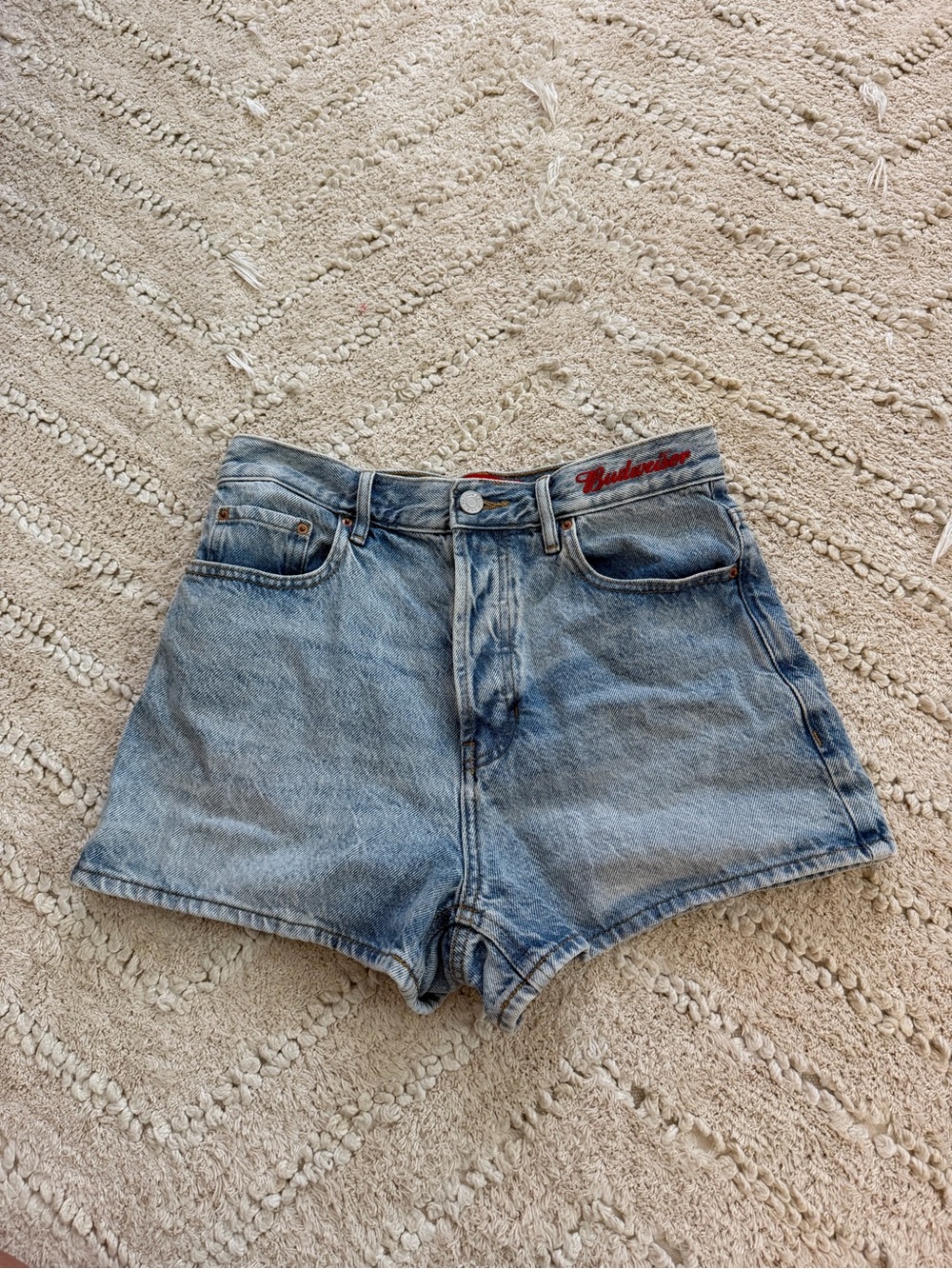 PacSun Light Wash Denim Shorts with Red Waist Embroidery
